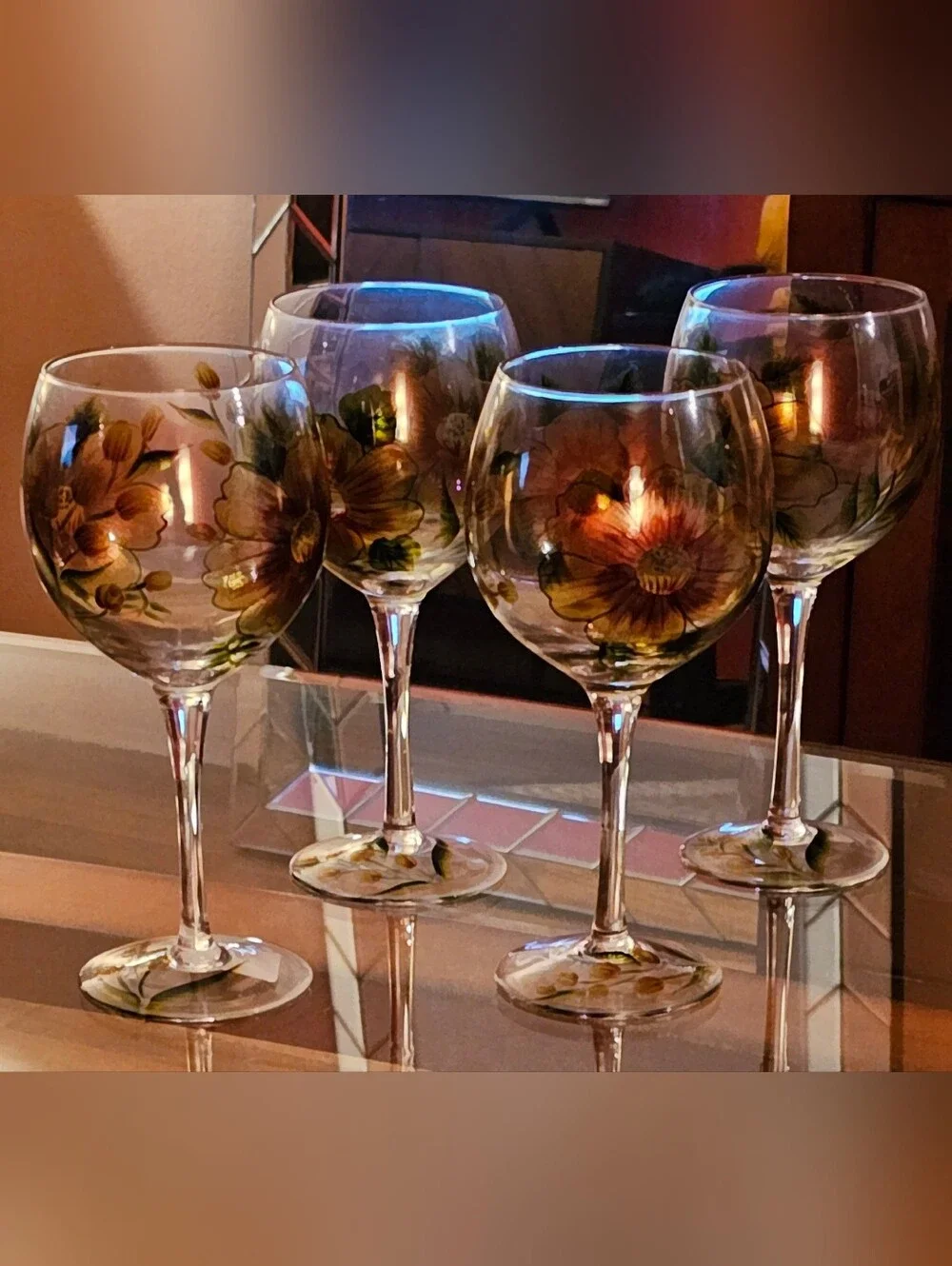 Pier 1 Moth-Blown. Hand-Painted Floral Wine Glasses in Yellow & Green-Set of 4